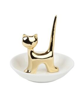 Gold Cat Ring Holder on White Dish - Decorative Jewelry Tray